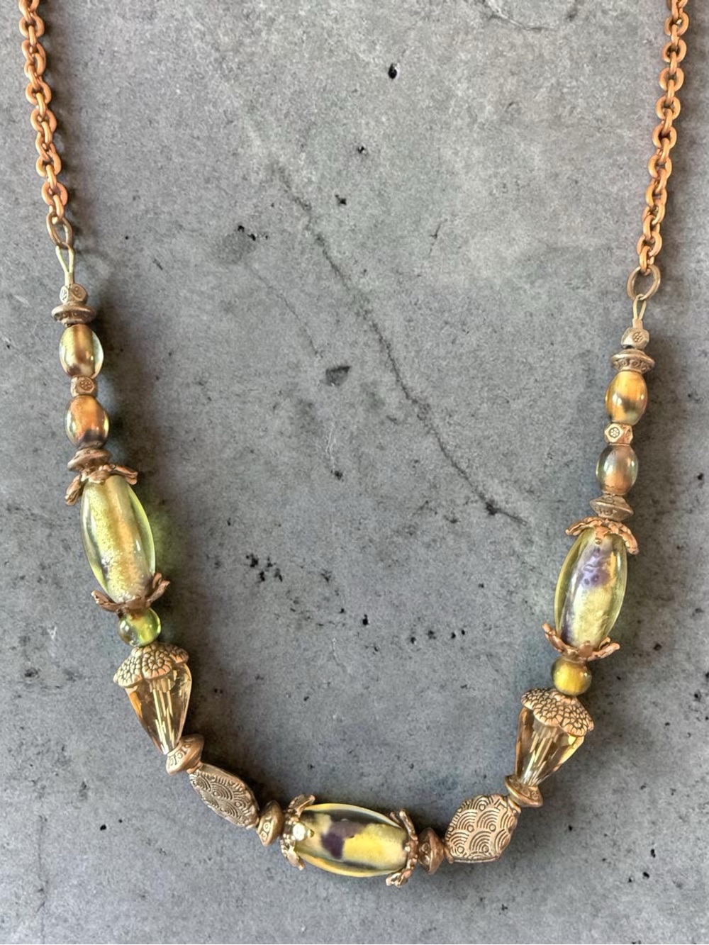 Boho Statement Beaded Necklace – Earth Tone Glass & Antiqued Metal Accent Ne